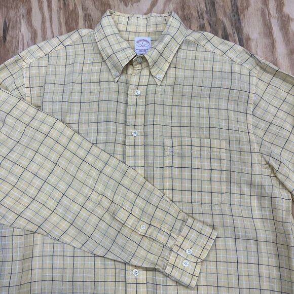 Brooks Brothers Men’s The Original Polo Shirt Linen Yellow Plaid Size Large - Picture 6 of 8